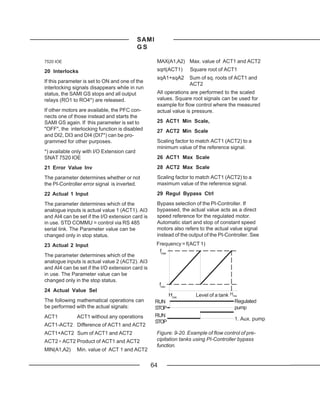 SAMI
                                            GS

7520 IOE                                           MAX(A1,A2) Max. value of ACT1 and ACT2
20 Interlocks                                      sqrt(ACT1)        Square root of ACT1
                                                   sqA1+sqA2         Sum of sq. roots of ACT1 and
If this parameter is set to ON and one of the
                                                                     ACT2
interlocking signals disappears while in run
status, the SAMI GS stops and all output           All operations are performed to the scaled
relays (RO1 to RO4*) are released.                 values. Square root signals can be used for
                                                   example for flow control where the measured
If other motors are available, the PFC con-        actual value is pressure.
nects one of those instead and starts the
SAMI GS again. If this parameter is set to         25 ACT1 Min Scale,
"OFF", the interlocking function is disabled       27 ACT2 Min Scale
and DI2, DI3 and DI4 (DI7*) can be pro-
grammed for other purposes.                        Scaling factor to match ACT1 (ACT2) to a
                                                   minimum value of the reference signal.
*) available only with I/O Extension card
SNAT 7520 IOE                                      26 ACT1 Max Scale
21 Error Value Inv                                 28 ACT2 Max Scale
The parameter determines whether or not            Scaling factor to match ACT1 (ACT2) to a
the PI-Controller error signal is inverted.        maximum value of the reference signal.
22 Actual 1 Input                                  29 Regul Bypass Ctrl
The parameter determines which of the              Bypass selection of the PI-Controller. If
analogue inputs is actual value 1 (ACT1). AI3      bypassed, the actual value acts as a direct
and AI4 can be set if the I/O extension card is    speed reference for the regulated motor.
in use. STD COMMU = control via RS 485             Automatic start and stop of constant speed
serial link. The Parameter value can be            motors also refers to the actual value signal
changed only in stop status.                       instead of the output of the PI-Controller. See
23 Actual 2 Input                                  Frequency = f(ACT 1)
                                                    fmax
The parameter determines which of the
analogue inputs is actual value 2 (ACT2). AI3
and AI4 can be set if the I/O extension card is
in use. The Parameter value can be
changed only in the stop status.
                                                       fmin
24 Actual Value Sel
                                                              Hmin     Level of a tank Hmax
The following mathematical operations can          RUN                                   Regulated
be performed with the actual signals:              STOP                                  pump
ACT1          ACT1 without any operations          RUN
                                                                                        1. Aux. pump
                                                   STOP
ACT1-ACT2 Difference of ACT1 and ACT2
ACT1+ACT2 Sum of ACT1 and ACT2                     Figure: 9-20. Example of flow control of pre-
ACT2 ∗ ACT2 Product of ACT1 and ACT2               cipitation tanks using PI-Controller bypass
                                                   function.
MIN(A1,A2)    Min. value of ACT 1 and ACT2


                                                  64
 