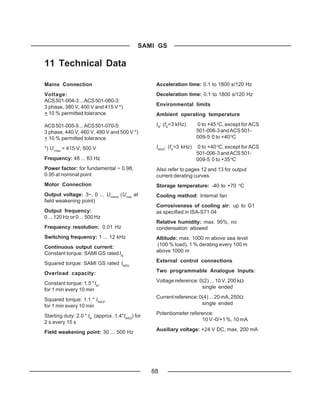 SAMI GS

11 Technical Data

Mains Connection                                  Acceleration time: 0.1 to 1800 s/120 Hz
Voltage:                                          Deceleration time: 0.1 to 1800 s/120 Hz
ACS 501-004-3 ... ACS 501-060-3:
3 phase, 380 V, 400 V and 415 V *)                Environmental limits
+ 10 % permitted tolerance                        Ambient operating temperature

ACS 501-005-5 ... ACS 501-070-5:                  IN: (fS=3 kHz)     0 to +45 oC, except for ACS
3 phase, 440 V, 460 V, 480 V and 500 V *)                            501-006-3 and ACS 501-
+ 10 % permitted tolerance                                           009-5 0 to +40 oC

*) U1max = 415 V; 500 V                           INSQ: (fS=3 kHz)   0 to +40 oC, except for ACS
                                                                     501-006-3 and ACS 501-
Frequency: 48 ... 63 Hz                                              009-5 0 to +35 oC
Power factor: for fundamental ~ 0.98,             Also refer to pages 12 and 13 for output
0.95 at nominal point                             current derating curves.
Motor Connection                                  Storage temperature: -40 to +70 oC
Output voltage: 3~, 0 ... Umains (Umax at         Cooling method: Internal fan
field weakening point)
                                                  Corrosiveness of cooling air: up to G1
Output frequency:                                 as specified in ISA-S71.04
0 ... 120 Hz or 0 ... 500 Hz
                                                  Relative humidity: max. 95%, no
Frequency resolution: 0.01 Hz                     condensation allowed
Switching frequency: 1 ... 12 kHz                 Altitude: max. 1000 m above sea level
Continuous output current:                        (100 % load), 1 % derating every 100 m
Constant torque: SAMI GS rated IN                 above 1000 m

Squared torque: SAMI GS rated INSQ                External control connections

Overload capacity:                                Two programmable Analogue Inputs:

Constant torque: 1.5 * IN,                        Voltage reference: 0(2) ... 10 V, 200 kΩ
for 1 min every 10 min                                                single ended

Squared torque: 1.1 * INSQ,                       Current reference: 0(4) ... 20 mA, 250Ω
for 1 min every 10 min                                                single ended

Starting duty: 2.0 * IN (approx. 1.4*INSQ) for    Potentiometer reference:
                                                                      10 V -0/+1 %, 10 mA
2 s every 15 s
                                                  Auxiliary voltage: +24 V DC, max. 200 mA
Field weakening point: 30 ... 500 Hz




                                                 88
 