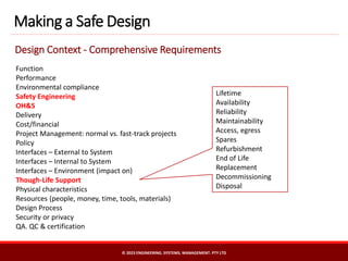 Function
Performance
Environmental compliance
Safety Engineering
OH&S
Delivery
Cost/financial
Project Management: normal vs. fast-track projects
Policy
Interfaces – External to System
Interfaces – Internal to System
Interfaces – Environment (impact on)
Though-Life Support
Physical characteristics
Resources (people, money, time, tools, materials)
Design Process
Security or privacy
QA. QC & certification
Making a Safe Design
Design Context - Comprehensive Requirements
© 2023 ENGINEERING. SYSTEMS. MANAGEMENT. PTY LTD
Lifetime
Availability
Reliability
Maintainability
Access, egress
Spares
Refurbishment
End of Life
Replacement
Decommissioning
Disposal
 
