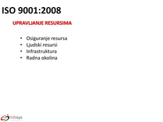 ISO 9001:2008
UPRAVLJANJE RESURSIMA
•
•
•
•

Osiguranje resursa
Ljudski resursi
Infrastruktura
Radna okolina

 