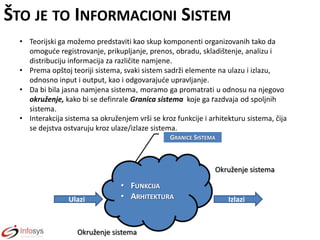 ŠTO JE TO INFORMACIONI SISTEM
• Teorijski ga možemo predstaviti kao skup komponenti organizovanih tako da
omogude registrovanje, prikupljanje, prenos, obradu, skladištenje, analizu i
distribuciju informacija za različite namjene.
• Prema opštoj teoriji sistema, svaki sistem sadrži elemente na ulazu i izlazu,
odnosno input i output, kao i odgovarajude upravljanje.
• Da bi bila jasna namjena sistema, moramo ga promatrati u odnosu na njegovo
okruženje, kako bi se definrale Granica sistema koje ga razdvaja od spoljnih
sistema.
• Interakcija sistema sa okruženjem vrši se kroz funkcije i arhitekturu sistema, čija
se dejstva ostvaruju kroz ulaze/izlaze sistema.
GRANICE SISTEMA

Okruženje sistema

Ulazi

• FUNKCIJA
• ARHITEKTURA

Okruženje sistema

Izlazi

 