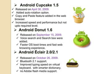  Released on April 30, 2009.
 Added auto-rotation option.
 Copy and Paste feature added in the web
browser.
 Increased speed and performance but not
upto required level.
 Released on September 15, 2009.
 Voice search and Search box were
added.
 Faster OS boot times and fast web
browsing experience.
 Released on October 26, 2009.
 Bluetooth 2.1 support.
 Improved typing speed on virtual
keyboard, with smarter dictionary.
 no Adobe flash media support.
 