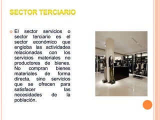 El sector servicios o
sector terciario es el
sector económico que
engloba las actividades
relacionadas con los
servicios materiales no
productores de bienes.
No compran bienes
materiales de forma
directa, sino servicios
que se ofrecen para
satisfacer las
necesidades de la
población.
 
