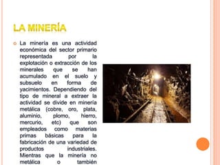  La minería es una actividad
económica del sector primario
representada por la
explotación o extracción de los
minerales que se han
acumulado en el suelo y
subsuelo en forma de
yacimientos. Dependiendo del
tipo de mineral a extraer la
actividad se divide en minería
metálica (cobre, oro, plata,
aluminio, plomo, hierro,
mercurio, etc) que son
empleados como materias
primas básicas para la
fabricación de una variedad de
productos industriales.
Mientras que la minería no
metálica o también
 