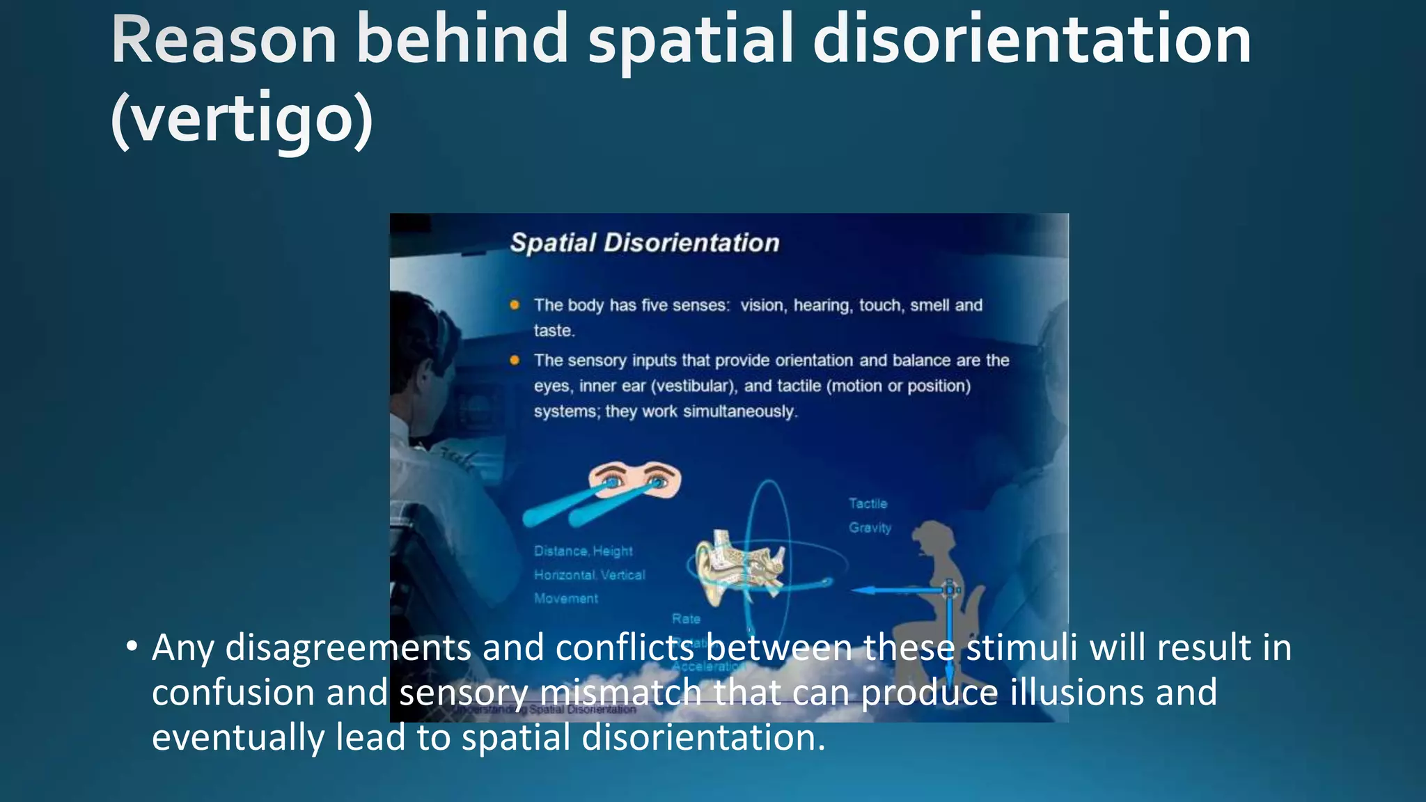 • Any disagreements and conflicts between these stimuli will result in
confusion and sensory mismatch that can produce illusions and
eventually lead to spatial disorientation.