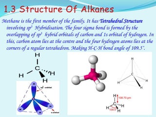 Methane is the first member of the family. It has Tetrahedral Structure
involving sp3 Hybridisation. The four sigma bond is formed by the
overlapping of sp3 hybrid orbitals of carbon and 1s orbital of hydrogen. In
this, carbon atom lies at the centre and the four hydrogen atoms lies at the
corners of a regular tetrahedron. Making H-C-H bond angle of 109.5˚.
 