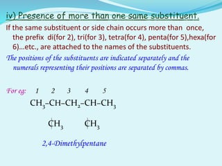 If the same substituent or side chain occurs more than once,
the prefix di(for 2), tri(for 3), tetra(for 4), penta(for 5),hexa(for
6)…etc., are attached to the names of the substituents.
The positions of the substituents are indicated separately and the
numerals representing their positions are separated by commas.
For eg: 1 2 3 4 5
CH3–CH–CH2–CH–CH3
CH3 CH3
2,4-Dimethylpentane
 
