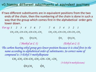 If two different substituents are in equivalent positions from the two
ends of the chain, then the numbering of the chain is done in such a
way that the group which comes first in the alphabetical order gets
lower down.
For eg: 1 2 3 4 5 6 7 7 6 5 4 3 2 1
CH3−CH2−CH−CH2−CH−CH2−CH3 CH3−CH2−CH−CH2−CH−CH2−CH3
CH3 CH2CH3 CH3 CH3CH3
( Methyl at C-3) (Ethyl at C-3)
The carbon bearing ethyl group gets lower position because it is cited first in the
name according to alphabetical order of substituents. So correct name of
compound is :3-Ethyl-5-methylheptane
CH3−CH2−CH−CH2−CH2−CH− CH2 −CH3
(3-Ethyl-6-methyloctane)
CH2CH3 CH3
 