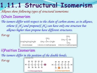Alkenes show following types of structural isomerisms:
The isomers differ with respect to the chain of carbon atoms. as in alkanes,
ethene (C2H4) and propene(C3H6) can have only one structure but
alkenes higher than propene have different structures.
For eg:
The isomers differ in the position of the double bonds.
For eg:
 