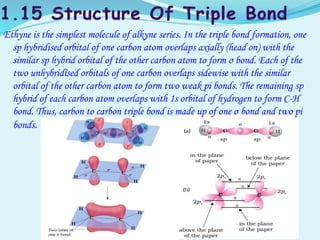 Ethyne is the simplest molecule of alkyne series. In the triple bond formation, one
sp hybridised orbital of one carbon atom overlaps axially (head on) with the
similar sp hybrid orbital of the other carbon atom to form σ bond. Each of the
two unhybridised orbitals of one carbon overlaps sidewise with the similar
orbital of the other carbon atom to form two weak pi bonds. The remaining sp
hybrid of each carbon atom overlaps with 1s orbital of hydrogen to form C-H
bond. Thus, carbon to carbon triple bond is made up of one σ bond and two pi
bonds.
 