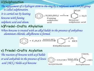The replacement of a hydrogen atom in the ring by a sulphonic acid (-SO3H) group
is called sulphonation.
It is carried out by heating
benzene with fuming
sulphuric acid and oleum.
When benzene is treated with an alkyl halide in the presence of anhydrous
aluminium chloride, alkylbenene is formed.
The reaction of benzene with acyl halide
or acid anhydride in the presence of lewis
acid (AlCl3) Yields acyl benzene
 