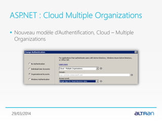 ASP.NET : Cloud Multiple Organizations
 Nouveau modèle d’Authentification, Cloud – Multiple
Organizations
29/03/2014
 