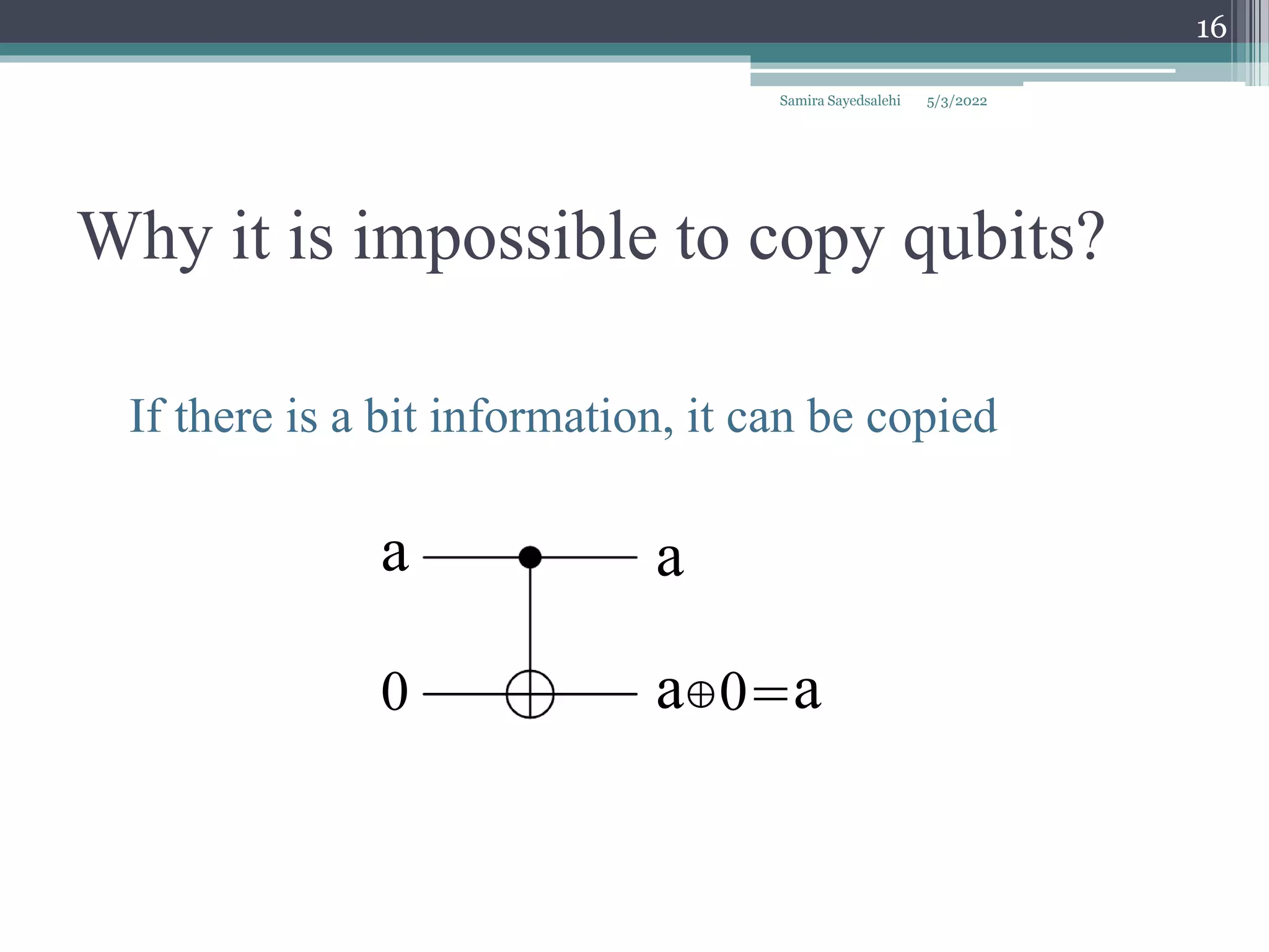 Why it is impossible to copy qubits?
Samira Sayedsalehi
16
a
0
a
a⊕0=a
If there is a bit information, it can be copied
5/3/2022
 