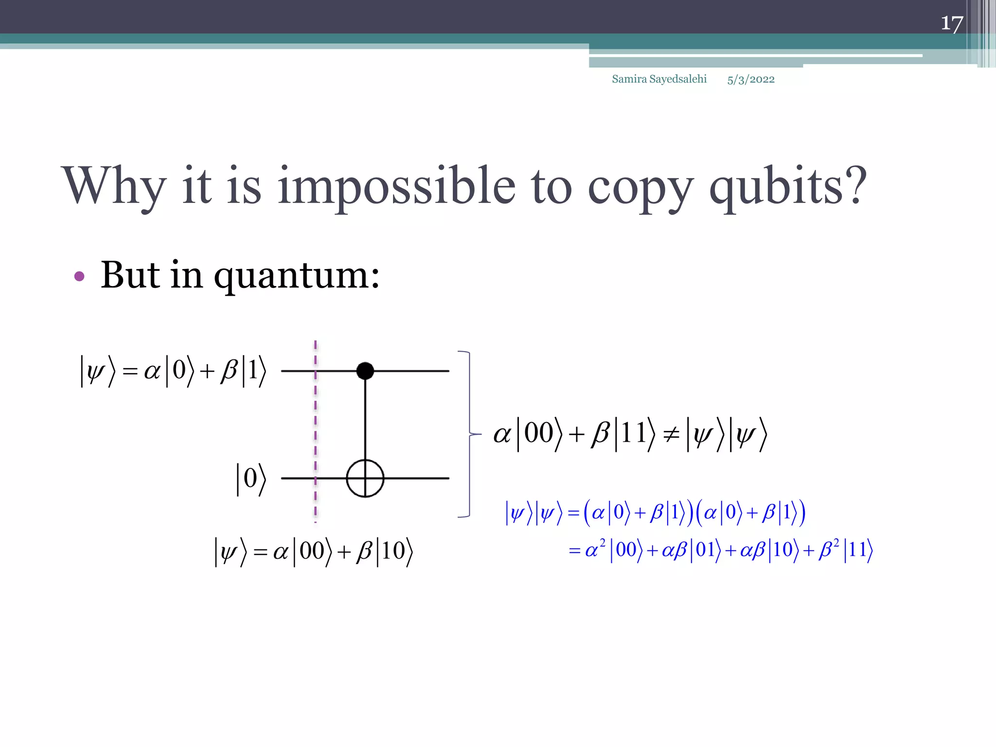 Why it is impossible to copy qubits?
• But in quantum:
Samira Sayedsalehi
17
0 1
  
 
0
00 10
  
 
  
2 2
0 1 0 1
00 01 10 11
     
   
  
   
00 11
   
 
5/3/2022
 