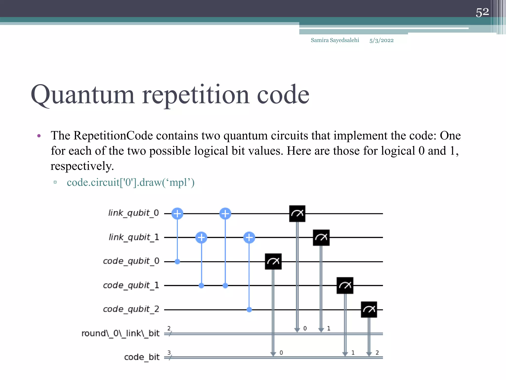 Quantum repetition code
• The RepetitionCode contains two quantum circuits that implement the code: One
for each of the two possible logical bit values. Here are those for logical 0 and 1,
respectively.
▫ code.circuit['0'].draw(‘mpl’)
Samira Sayedsalehi
52
5/3/2022
 