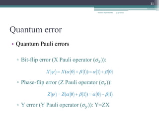 Quantum error
• Quantum Pauli errors
▫ Bit-flip error (X Pauli operator (𝜎𝑥)):
▫ Phase-flip error (Z Pauli operator (𝜎𝑧)):
▫ Y error (Y Pauli operator (𝜎𝑦)): Y=ZX
Samira Sayedsalehi
11
5/3/2022
 