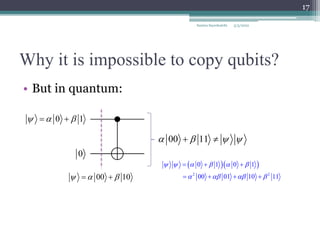 Why it is impossible to copy qubits?
• But in quantum:
Samira Sayedsalehi
17
0 1
  
 
0
00 10
  
 
  
2 2
0 1 0 1
00 01 10 11
     
   
  
   
00 11
   
 
5/3/2022
 