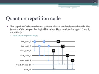 Quantum repetition code
• The RepetitionCode contains two quantum circuits that implement the code: One
for each of the two possible logical bit values. Here are those for logical 0 and 1,
respectively.
▫ code.circuit['0'].draw(‘mpl’)
Samira Sayedsalehi
52
5/3/2022
 