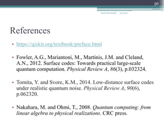 References
• https://qiskit.org/textbook/preface.html
• Fowler, A.G., Mariantoni, M., Martinis, J.M. and Cleland,
A.N., 2012. Surface codes: Towards practical large-scale
quantum computation. Physical Review A, 86(3), p.032324.
• Tomita, Y. and Svore, K.M., 2014. Low-distance surface codes
under realistic quantum noise. Physical Review A, 90(6),
p.062320.
• Nakahara, M. and Ohmi, T., 2008. Quantum computing: from
linear algebra to physical realizations. CRC press.
5/3/2022
Samira Sayedsalehi
56
 