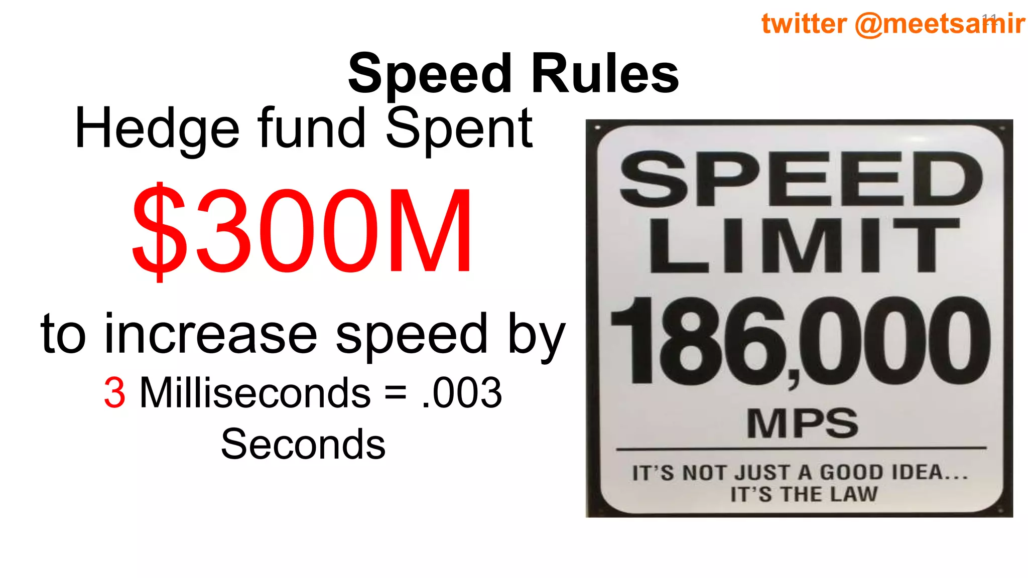 11twitter @meetsamir
Speed Rules
Hedge fund Spent
$300M
to increase speed by
3 Milliseconds = .003
Seconds
 