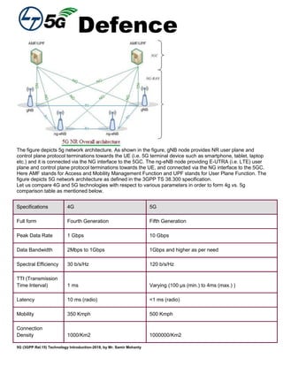 Defence
5G (3GPP Rel.15) Technology Introduction-2018, by Mr. Samir Mohanty
The figure depicts 5g network architecture. As shown in the figure, gNB node provides NR user plane and
control plane protocol terminations towards the UE (i.e. 5G terminal device such as smartphone, tablet, laptop
etc.) and it is connected via the NG interface to the 5GC. The ng-eNB node providing E-UTRA (i.e. LTE) user
plane and control plane protocol terminations towards the UE, and connected via the NG interface to the 5GC.
Here AMF stands for Access and Mobility Management Function and UPF stands for User Plane Function. The
figure depicts 5G network architecture as defined in the 3GPP TS 38.300 specification.
Let us compare 4G and 5G technologies with respect to various parameters in order to form 4g vs. 5g
comparison table as mentioned below.
Specifications 4G 5G
Full form Fourth Generation Fifth Generation
Peak Data Rate 1 Gbps 10 Gbps
Data Bandwidth 2Mbps to 1Gbps 1Gbps and higher as per need
Spectral Efficiency 30 b/s/Hz 120 b/s/Hz
TTI (Transmission
Time Interval) 1 ms Varying (100 µs (min.) to 4ms (max.) )
Latency 10 ms (radio) <1 ms (radio)
Mobility 350 Kmph 500 Kmph
Connection
Density 1000/Km2 1000000/Km2
 