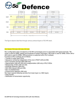 Defence
5G (3GPP Rel.15) Technology Introduction-2018, by Mr. Samir Mohanty
The figure depicts data flow through various protocol layers of 5G NR stack.
RLCModes|TMmode, UMmode,AMmode
RLC configuration does not depend on 5G NR numerologies and it is associated with logical channels. TM
mode is used for SRB0, paging and broadcast of system information. AM mode is used for SRBs. Either UM or
AM mode is used for DRBs. ARQ procedure is supported within RLC sublayer.
Functions of RLC sublayer are as follows.
• Transfer of upper layer PDUs
• Sequence numbering independent of the one in PDCP (UM and AM)
• Error Correction through ARQ (AM only)
• Segmentation (AM and UM) and re-segmentation (AM only) of RLC SDUs
• Reassembly of SDU (AM and UM)
• Duplicate Detection (AM only)
• RLC SDU discard (AM and UM)
• RLC re-establishment
• Protocol error detection (AM only)
RLC layer expects following services from lower layer (i.e. MAC layer).
• Data transfer
• Notification of transmission opportunity.
 