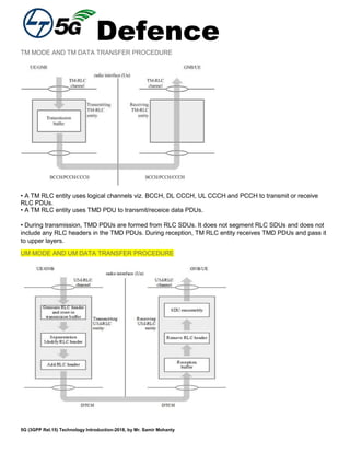 Defence
5G (3GPP Rel.15) Technology Introduction-2018, by Mr. Samir Mohanty
TM MODE AND TM DATA TRANSFER PROCEDURE
• A TM RLC entity uses logical channels viz. BCCH, DL CCCH, UL CCCH and PCCH to transmit or receive
RLC PDUs.
• A TM RLC entity uses TMD PDU to transmit/receice data PDUs.
• During transmission, TMD PDUs are formed from RLC SDUs. It does not segment RLC SDUs and does not
include any RLC headers in the TMD PDUs. During reception, TM RLC entity receives TMD PDUs and pass it
to upper layers.
UM MODE AND UM DATA TRANSFER PROCEDURE
 