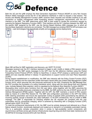 Defence
5G (3GPP Rel.15) Technology Introduction-2018, by Mr. Samir Mohanty
Both the UE and the gNB employs the Next Generation Application Protocol (NGAP) to carry Non Access
Stratum (NAS) messages across the N1 or N2 reference interfaces in order to request a new session. The
Access and Mobility Management Function (AMF) receives these requests and handles anything to do with
connection or mobility management while forwarding session management requirements over the N11
interface to the SMF. The AMF determines which SMF is best suited to handle the connection request by
querying the Network Repository Function (NRF). That interface and the N11 interface between the AMF and
the specific SMF assigned by the NRF, use the Service Based Interface (SBI) message bus, to which all
Service-Base Application elements are connected. The SBI message bus employs RESTful API principles over
HTTP/2 -- web technologies that dramatically simplify and accelerate service deployments.
Basic SBI call flow for SMF registration and discovery, per 3GPP TS 23.502
Messages received over the N11 interface represent a trigger to add, modify or delete a PDU session across
the user plane. The SMF sends messages to the UPF over the N4 reference interface using the Packet
Forwarding Control Protocol (PFCP). Similar to OpenFlow, in nature, PFCP employs a well-known UDP port
(8805) and was originally defined in release 14 specifications to support Control and User Plane Separation
(CUPS).
During session establishment or modification, the SMF also interacts with the Policy Control Function (PCF)
over the N7 interface and the subscriber profile information stored within the Unified Data Management (UDM)
function (N10), which assumes the role previously performed by the HSS. Employing the SBI Message Bus,
the PCF provides the foundation of a policy framework which, along with the more typical QoS and charging
rules, includes Network Slice selection, which is regulated by the Network Slice Selection Function (NSSF).
Decoupling other control plane functions from the user plane, while (together with the AMF) assuming the
some of the functionality previously undertaken by the MME, the SMF performs the role of DHCP server and IP
Address Management (IPAM) system. Together with the UPF, the SMF maintains a record of PDU session
state by means of a 24bit PDU Session ID. The SMF sets configuration parameters in the UPF that define
traffic steering parameters and ensure the appropriate routing of packets while guaranteeing the delivery of
incoming packets, though a Downlink (DL) data notification. In 4G EPC architectures, this is a SGW to MME
message. The SMF is responsible for checking whether the UE requests are compliant with the user
subscription and for connectivity charging, which is achieved by interacting with a Charging Function (CHF)
defined within 3GPP TS 32.255.
To meet the architectural requirements of 5G, the SMF must be entirely designed and delivered as a Cloud-
Native network function, dynamically deployed and scaled-up on demand in a completely automated manner.
This is a particularly complex proposition when it comes to high-availability control components with
asynchronous call flows across geo-diverse infrastructures requiring long and short-lived state maintenance for
 