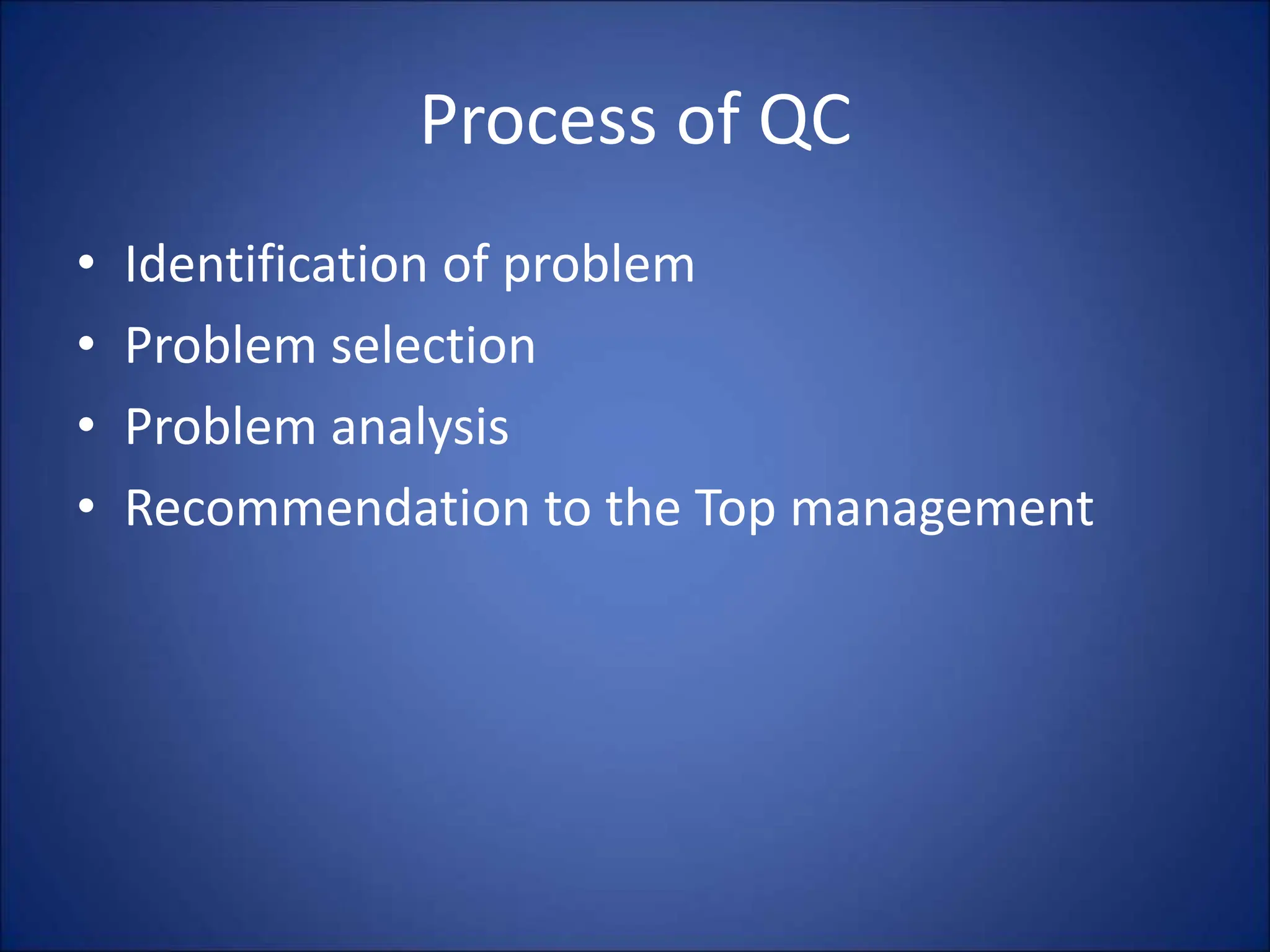 Process of QC
• Identification of problem
• Problem selection
• Problem analysis
• Recommendation to the Top management
 