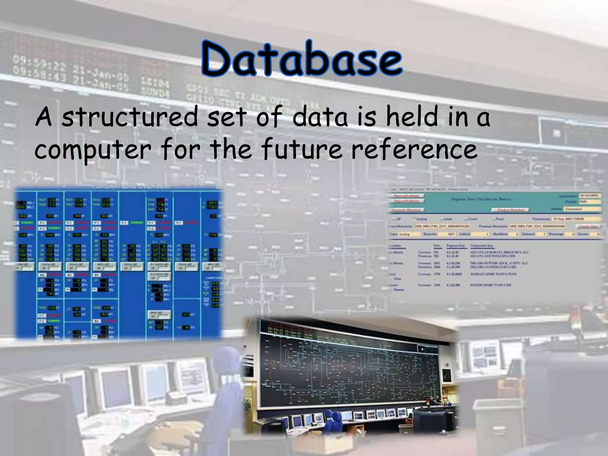 A structured set of data is held in a
computer for the future reference
 
