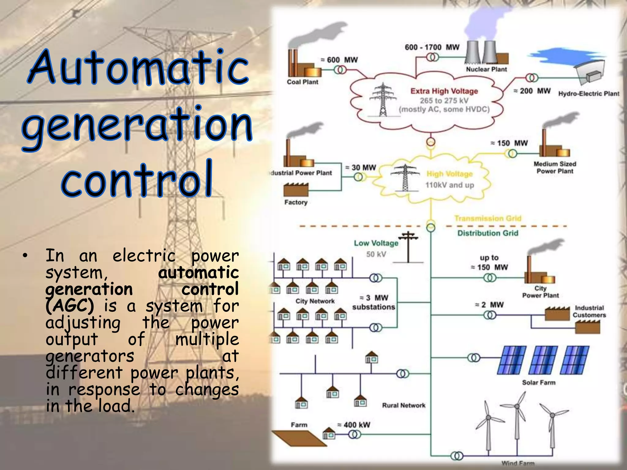 • In an electric power
system, automatic
generation control
(AGC) is a system for
adjusting the power
output of multiple
generators at
different power plants,
in response to changes
in the load.
 