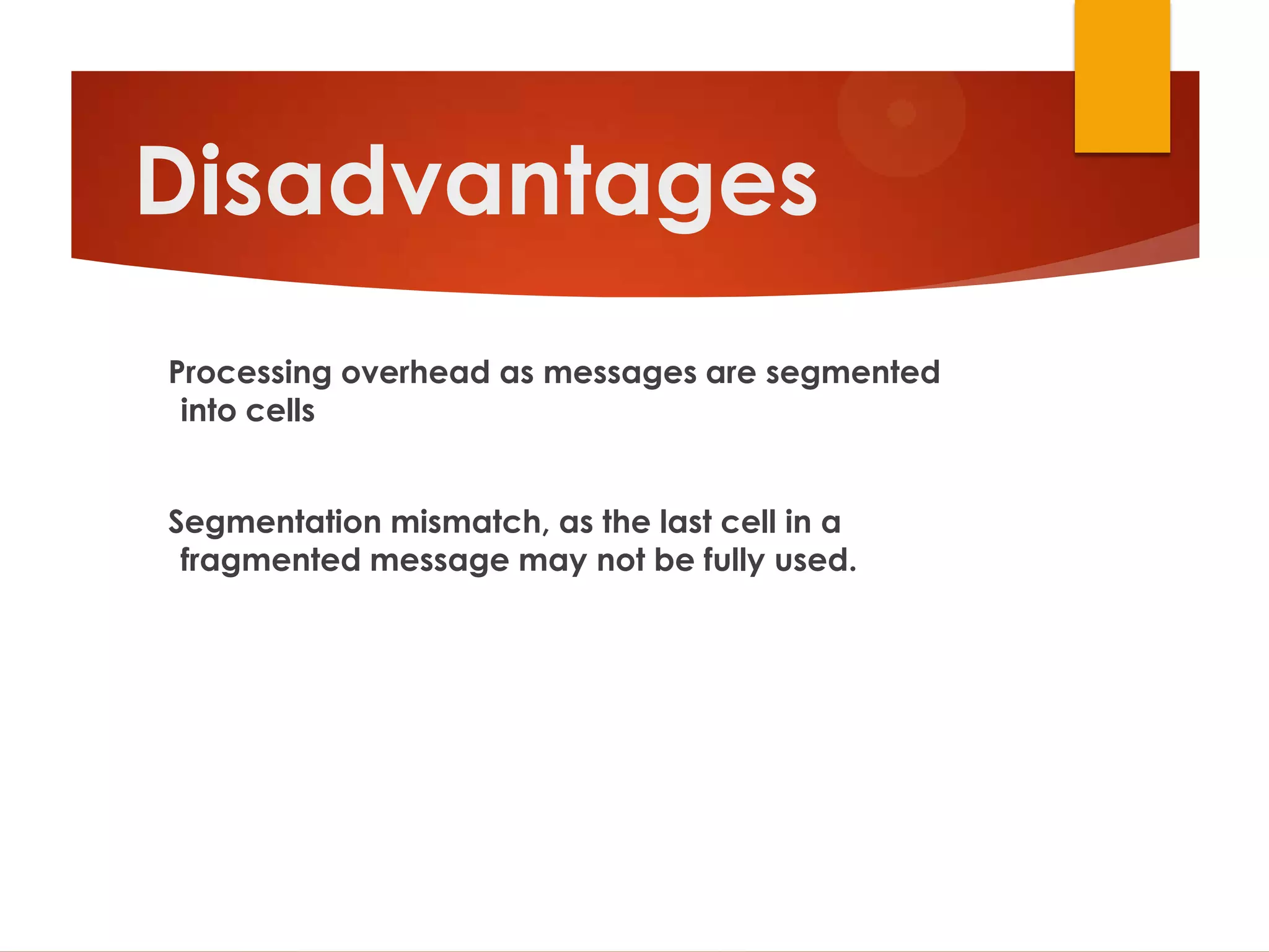Disadvantages
Processing overhead as messages are segmented
 into cells


Segmentation mismatch, as the last cell in a
 fragmented message may not be fully used.
 
