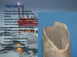 Pipe Failure :
 Drill pipe failures is a prevalent
drilling problem appeared during
drilling.
 Sometimes drill pipe fails from its
tool joint and drill collars fails
from its connection.
 Approximately 50% of the fishing
jib occurs on account of tool joint
failure.
 Causes :
- Swelling of connection box
- Improper tightening of
connection.
-Improper initial making up-of
connection
 