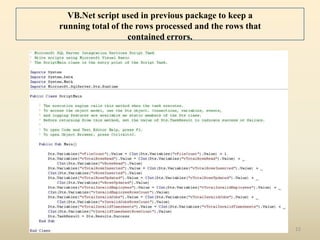 VB.Net script used in previous package to keep a
running total of the rows processed and the rows that
                   contained errors.




                                                        12
 