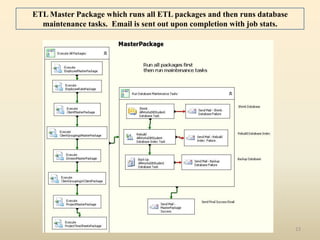 ETL Master Package which runs all ETL packages and then runs database
  maintenance tasks. Email is sent out upon completion with job stats.




                                                                         13
 