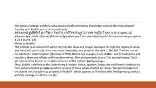 The process through which Purusha attains the discriminatory knowledge involves the interaction of
Purusha with Buddhi and other constituents.
अ्यवसायो बुद्धधधधवमो ज्ञानं ववराग ऐश्वयवम ्। सात्त्त्वकमे द्रूपं ामसमस्माद्धववपयवस् म्॥ २३ ॥ (Samk. 23)
adhyavasāyo buddhirdharmo jñānaṁ virāga aiśvaryam । sāttvikametadrūpaṁ tāmasamasmādviparyastam
॥ 23 ॥ (Samk. 23)
Mahat or Buddhi
The intellect is an instrument which receives the ideas and images conveyed through the organs of sense,
and the mind, constructs them into a conclusive idea, and presents this idea to the Self. The function of
the intellect is determination (Nischaya or Will). Before one engages in any matter, one first observes and
considers, then one reflects and then determines. Then one proceeds to act. This ascertainment: "Such
act is to be done by me" is the determination of the intellect (Adhyavasaya).
Thus, Buddhi is defined as the determining Principle; Virtue, Wisdom, Dispassion and Power constitute its
form (when affected by Sattva) and the reverse of these when affected by Tamas. The determination of
the duty is the characteristic property of Buddhi - which appears as if endued with intelligence by contact
with the intelligence of Purusha.[8]
 