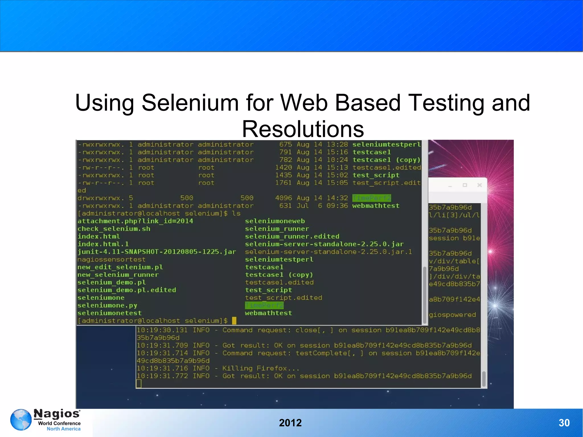 Using Selenium for Web Based Testing and
              Resolutions




                 2012                      30
 