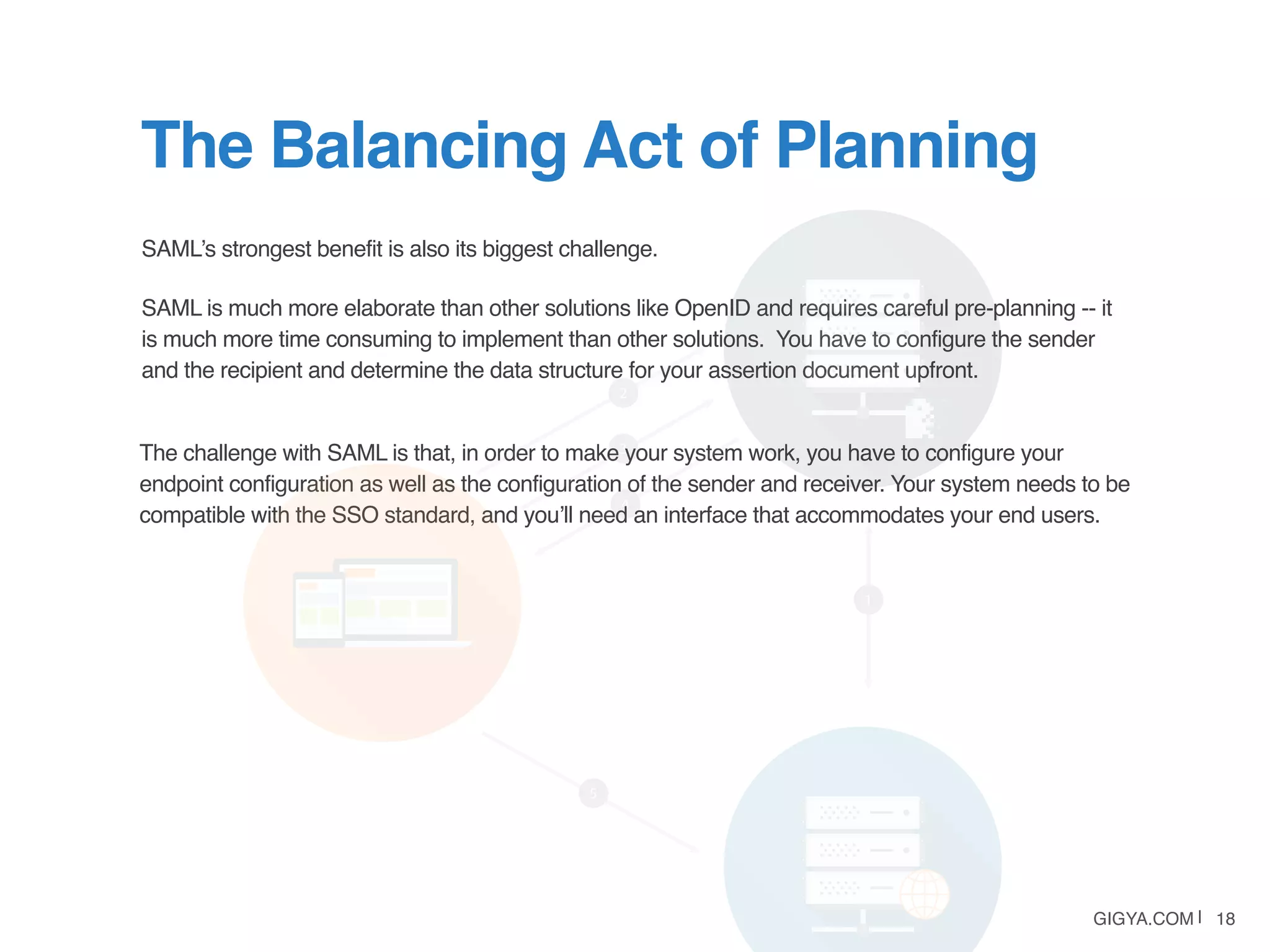 GIGYA.COM | 18
SAML’s strongest benefit is also its biggest challenge.
SAML is much more elaborate than other solutions like OpenID and requires careful pre-planning -- it
is much more time consuming to implement than other solutions. You have to configure the sender
and the recipient and determine the data structure for your assertion document upfront.
The Balancing Act of Planning
The challenge with SAML is that, in order to make your system work, you have to configure your
endpoint configuration as well as the configuration of the sender and receiver. Your system needs to be
compatible with the SSO standard, and you’ll need an interface that accommodates your end users.
 
