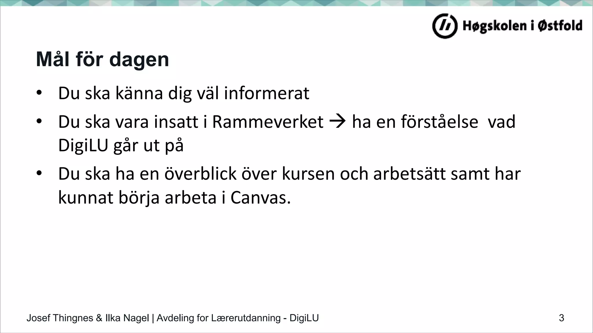 Mål för dagen
• Du ska känna dig väl informerat
• Du ska vara insatt i Rammeverket  ha en förståelse vad
DigiLU går ut på
• Du ska ha en överblick över kursen och arbetsätt samt har
kunnat börja arbeta i Canvas.
Josef Thingnes & Ilka Nagel | Avdeling for Lærerutdanning - DigiLU 3
 