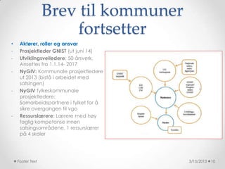 Brev til kommuner
                      fortsetter
•    Aktører, roller og ansvar
-    Prosjektleder GNIST (ut juni 14)
-    Utviklingsveiledere: 50 årsverk.
     Ansettes fra 1.1.14- 2017
-    NyGIV: Kommunale prosjektledere
     ut 2013 (bistå i arbeidet med
     satsingen)
-    NyGIV fylkeskommunale
     prosjektledere:
     Samarbeidspartnere i fylket for å
     sikre overgangen til vgo
-    Ressurslærere: Lærere med høy
     faglig kompetanse innen
     satsingsområdene. 1 ressurslærer
     på 4 skoler




    Footer Text                          3/15/2013   10
 