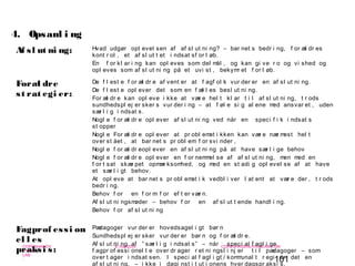 101
-
COPENHAGEN
LIVING
LAB
-
-
9. maj 2010
-
-
-
-
COPENHAGENLIVINGLAB.COM
-
-
-
Af sl ut ni ng: Hvad udgør opl evel sen af af sl ut ni ng? – bar net s bedr i ng, f or æl dr es
kont r ol , et af sl ut t et i ndsat sf or l øb.
En f or kl ar i ng kan opl eves som del mål , og kan gi ve r o og vi shed og
opl eves som af sl ut ni ng på et uvi st , bekymr et f or l øb.
Foræl dre
st rat egi er:
De f l est e f or æl dr e af vent er at f agf ol k vur der er en af sl ut ni ng.
De f l est e opl ever det som en f æl l es besl ut ni ng.
For æl dr e kan opl eve i kke at vær e hel t kl ar t i l af sl ut ni ng, t r ods
sundhedspl ej er sker s vur der i ng – at f øl e si g al ene med ansvar et , uden
sær l i g i ndsat s.
Nogl e f or æl dr e opl ever af sl ut ni ng ved når en speci f i k i ndsat s
st opper
Nogl e For æl dr e opl ever at pr obl emat i kken kan vær e nær mest hel t
over st ået , at bar net s pr obl em f or svi nder ,
Nogl e f or æl dr eopl ever en af sl ut ni ng på at have sær l i ge behov
Nogl e f or æl dr e opl ever en f or nemmel se af af sl ut ni ng, men med en
f or t sat skær pet opmær ksomhed, og med en st adi g opl evel se af at have
et sær l i gt behov.
At opl eve at bar net s pr obl emat i k vedbl i ver l at ent at vær e der , t r ods
bedr i ng.
Behov f or en f or m f or ef t er vær n.
Af sl ut ni ngsmøder – behov f or en af sl ut t ende handl i ng.
Behov f or af sl ut ni ng
Fagprof essi on
el l es
praksi s:
Pædagoger vur der er hovedsagel i gt bør n
Sundhedspl ej er sker vur der er bør n og f or æl dr e.
Af sl ut ni ng af ” sær l i g i ndsat s” – når speci al f agl i ge
f agpr of essi onel l e over dr ager r et ni ngsl i nj er t i l pædagoger – som
over t ager i ndsat sen. I speci al f agl i gt / kommunal t r egi er det en
af sl ut ni ng, – i kke i dagi nst i t ut i onens hver dagspr aksi s.
4. Opsaml i ng
 