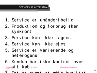 -
COPENHAGEN
LIVING
LAB
-
-
9. maj 2010
-
-
-
-
COPENHAGENLIVINGLAB.COM
-
-
-
134
1. Ser vi ce er uhåndgr i bel i g
2. Pr odukt i on og f or br ug sker
synkr ont
3. Ser vi ce kan i kke l agr es
4. Ser vi ce kan i kke ej es
5. Ser vi ce er var i er ende og
het er ogene
6. Kunden har i kke kont r ol over
si t køb
SERVICE KARAKTERISTIKA
 
