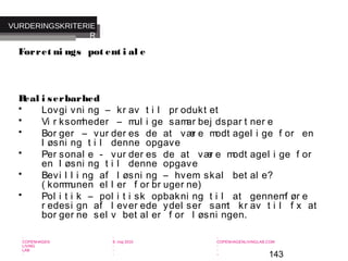143
-
COPENHAGEN
LIVING
LAB
-
-
9. maj 2010
-
-
-
-
COPENHAGENLIVINGLAB.COM
-
-
-
Forret ni ngs pot ent i al e
Real i serbarhed
• Lovgi vni ng – kr av t i l pr odukt et
• Vi r ksomheder – mul i ge samar bej dspar t ner e
• Bor ger – vur der es de at vær e modt agel i ge f or en
l øsni ng t i l denne opgave
• Per sonal e - vur der es de at vær e modt agel i ge f or
en l øsni ng t i l denne opgave
• Bevi l l i ng af l øsni ng – hvem skal bet al e?
( kommunen el l er f or br uger ne)
• Pol i t i k – pol i t i sk opbakni ng t i l at gennemf ør e
r edesi gn af l ever ede ydel ser samt kr av t i l f x at
bor ger ne sel v bet al er f or l øsni ngen.
VURDERINGSKRITERIE
R
 