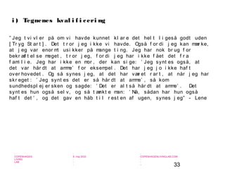 33
-
COPENHAGEN
LIVING
LAB
-
-
9. maj 2010
-
-
-
-
COPENHAGENLIVINGLAB.COM
-
-
-
” Jeg t vi vl er på om vi havde kunnet kl ar e det hel t l i geså godt uden
[ Tr yg St ar t ] . Det t r or j eg i kke vi havde. Også f or di j eg kan mær ke,
at j eg var enor mt usi kker på mange t i ng. Jeg har nok br ug f or
bekr æf t el se meget , t r or j eg, f or di j eg har i kke f ået det f r a
f ami l i e. Jeg har i kke en mor , der kan si ge: ’ Jeg synt es også, at
det var hår dt at amme’ f or eksempel . Det har j eg j o i kke haf t
over hovedet . Og så synes j eg, at det har vær et r ar t , at når j eg har
skr eget : ’ Jeg synt es det er så hår dt at amme’ , så kom
sundhedspl ej er sken og sagde: ’ Det er al t så hår dt at amme’ . Det
synt es hun også sel v, og så t ænkt e man: ’ Nå, sådan har hun også
haf t det ’ , og det gav en håb t i l r est en af ugen, synes j eg” - Lene
i ) Tegnenes kval i f i ceri ng
 