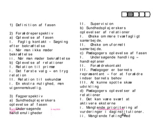 40
-
COPENHAGEN
LIVING
LAB
-
-
9. maj 2010
-
-
-
-
COPENHAGENLIVINGLAB.COM
-
-
-
1) Def i ni t i on af f asen
2) For æl dr eper spekt i v
a) Opl evel se af f asen
I . Fagl i g kont akt - Søgni ng
ef t er bekr æf t el se
i . Når man i kke møder
bekr æf t el se
i i . Når man møder bekr æf t el se
b) Opl evel se af r el at i oner
I . Rel at i on t i l pr i mær
i . Det f ør st e val g – en t r yg
r el at i on
I I . Rel at i on t i l sekundær
i . En ekst r a mul i ghed, men
ui gennemskuel i g.
3) Fagper spekt i v
a) Sundhedspl ej er sker s
opl evel se af f asen
I . Under søgende
handl emul i gheder
I I . Super vi si on
b) Sundhedspl ej er sker s
opl evel ser af r el at i oner
I . Ønske om mer e t vær f agl i gt
samar bej de.
I I . Ønske om uf or mel t
samar bej de.
c) Pædagoger s opl evel se af f asen
I . Under søgende handl i ng –
handl epl aner
I I . For æl dr ekont akt
I I I . Pædagoger er bar net s
r epr æsent ant – f or at f or æl dr e
i ndser bar net s behov
I I I . At kunne spot t e skæv
udvi kl i ng
d) Pædagoger s opl evel ser af
r el at i oner
I . Det kan vær e svær t at
akt i ver e ekst er ne
i . Mangl ende pr i or i t er i ng af
vur der i nger i dagi nst i t ut i oner .
i i . Mangl ende f øl i ng med
Opmær ksomhed Under søgel se For kl ar i ng I ndsat s Af sl ut ni ng
 