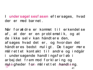 41
-
COPENHAGEN
LIVING
LAB
-
-
9. maj 2010
-
-
-
-
COPENHAGENLIVINGLAB.COM
-
-
-
I under søgel sesf asen ef t er søges, hvad
der er med bar net .
Når f or æl dr e er kommet t i l er kendel se
af , at der er en pr obl emat i k, og at
de i kke sel v kan håndt er e den,
af søges hvad det er , og hvor dan det
håndt er es bedst mul i gt . De t ager mer e
mål r et t et kont akt t i l andr e og i ndgår
i under søgende handl i ngsf or l øb i
ar bej det f r em mod f or kl ar i ng og
mul i gheder f or mål r et t et handl i ng.
 