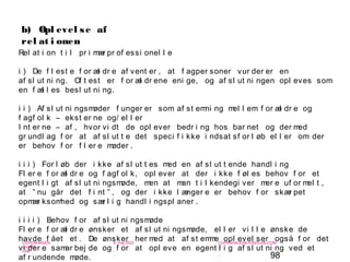 98
-
COPENHAGEN
LIVING
LAB
-
-
9. maj 2010
-
-
-
-
COPENHAGENLIVINGLAB.COM
-
-
-
b) Opl evel se af
rel at i onen
Rel at i on t i l pr i mær pr of essi onel l e
i ) De f l est e f or æl dr e af vent er , at f agper soner vur der er en
af sl ut ni ng. Of t est er f or æl dr ene eni ge, og af sl ut ni ngen opl eves som
en f æl l es besl ut ni ng.
i i ) Af sl ut ni ngsmøder f unger er som af st emni ng mel l em f or æl dr e og
f agf ol k – ekst er ne og/ el l er
I nt er ne – af , hvor vi dt de opl ever bedr i ng hos bar net og der med
gr undl ag f or at af sl ut t e det speci f i kke i ndsat sf or l øb el l er om der
er behov f or f l er e møder .
i i i ) For l øb der i kke af sl ut t es med en af sl ut t ende handl i ng
Fl er e f or æl dr e og f agf ol k, opl ever at der i kke f øl es behov f or et
egent l i gt af sl ut ni ngsmøde, men at man t i l kendegi ver mer e uf or mel t ,
at ” nu går det f i nt ” , og der i kke l ænger e er behov f or skær pet
opmær ksomhed og sær l i g handl i ngspl aner .
i i i i ) Behov f or af sl ut ni ngsmøde
Fl er e f or æl dr e ønsker et af sl ut ni ngsmøde, el l er vi l l e ønske de
havde f ået et . De ønsker her med at af st emme opl evel ser også f or det
vi der e samar bej de og f or at opl eve en egent l i g af sl ut ni ng ved et
af r undende møde.
 
