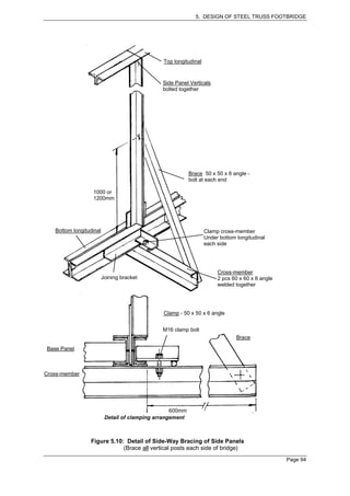 5. DESIGN OF STEEL TRUSS FOOTBRIDGE




                                               Top longitudinal


                                               Side Panel Verticals
                                               bolted together




                                                           Brace 50 x 50 x 6 angle -
                                                           bolt at each end

                  1000 or
                  1200mm




   Bottom longitudinal                                            Clamp cross-member
                                                                  Under bottom longitudinal
                                                                  each side




                                                                       Cross-member
                         Joining bracket                               2 pcs 60 x 60 x 6 angle
                                                                       welded together




                                               Clamp - 50 x 50 x 6 angle


                                               M16 clamp bolt
                                                                               Brace

Base Panel



Cross-member




                                                   600mm
                          Detail of clamping arrangement



                 Figure 5.10: Detail of Side-Way Bracing of Side Panels
                             (Brace all vertical posts each side of bridge)
                                                                                                 Page 94
 