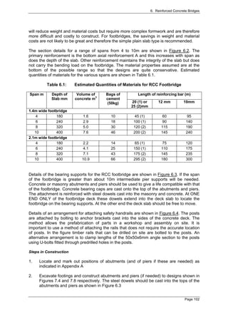 6. Reinforced Concrete Bridges




will reduce weight and material costs but require more complex formwork and are therefore
more difficult and costly to construct. For footbridges, the savings in weight and material
costs are not likely to be great and therefore the simple plain slab type is recommended.

The section details for a range of spans from 4 to 10m are shown in Figure 6.2. The
primary reinforcement is the bottom axial reinforcement A and this increases with span as
does the depth of the slab. Other reinforcement maintains the integrity of the slab but does
not carry the bending load on the footbridge. The material properties assumed are at the
bottom of the possible range so that the designs are quite conservative. Estimated
quantities of materials for the various spans are shown in Table 6.1.

         Table 6.1:     Estimated Quantities of Materials for RCC Footbridge

Span m      Depth of     Volume of       Bags of          Length of reinforcing bar (m)
            Slab mm     concrete m3      cement
                                         (50kg)        20 (1) or       12 mm           10mm
                                                       25 (2)mm
1.4m wide footbridge
    4         180            1.6            10           45 (1)           60             95
    6         240            2.9            18          100 (1)           90            140
    8         320            5.0            30          120 (2)          115            190
   10         400            7.6            46          200 (2)          145            240
2.1m wide footbridge
    4         180           2.2             14           65 (1)           75            120
    6         240           4.1             25          150 (1)          110            175
    8         320           7.1             43          175 (2)          145            235
   10         400           10.9            66          295 (2)          180            300



Details of the bearing supports for the RCC footbridge are shown in Figure 6.3. If the span
of the footbridge is greater than about 10m intermediate pier supports will be needed.
Concrete or masonry abutments and piers should be used to give a life compatible with that
of the footbridge. Concrete bearing caps are cast onto the top of the abutments and piers.
The attachment is reinforced with steel dowels cast into the masonry and concrete. At ONE
END ONLY of the footbridge deck these dowels extend into the deck slab to locate the
footbridge on the bearing supports. At the other end the deck slab should be free to move.

Details of an arrangement for attaching safety handrails are shown in Figure 6.4. The posts
are attached by bolting to anchor brackets cast into the sides of the concrete deck. The
method allows the prefabrication of parts in a workshop and assembly on site. It is
important to use a method of attaching the rails that does not require the accurate location
of posts. In the figure timber rails that can be drilled on site are bolted to the posts. An
alternative arrangement is to clamp lengths of the 50x50x6mm angle section to the posts
using U-bolts fitted through predrilled holes in the posts.

Steps in Construction

1.   Locate and mark out positions of abutments (and of piers if these are needed) as
     indicated in Appendix A

2.   Excavate footings and construct abutments and piers (if needed) to designs shown in
     Figures 7.4 and 7.8 respectively. The steel dowels should be cast into the tops of the
     abutments and piers as shown in Figure 6.3


                                                                                       Page 102
 