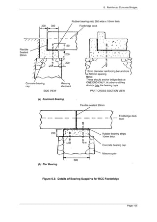 6. Reinforced Concrete Bridges




                                             Rubber bearing strip 280 wide x 10mm thick
                  200    300                        Footbridge deck




                                      150
Flexible
Sealant
20mm                                  200


                                      200


                                                         16mm diameter reinforcing bar anchors
                                                         at 500mm spacing
                                                         Note:
                                                         These should anchor bridge deck at
     Concrete bearing             Masonry                ONE END ONLY. At other end they
     cap                          abutment               Anchor only the bearing caps

                    SIDE VIEW                                PART CROSS-SECTION VIEW


               (a) Abutment Bearing

                                                    Flexible sealant 20mm



                                                                                      Footbridge deck
                                                                                      level




                          200                                          Rubber bearing strips
                                                                       10mm thick


                                                                       Concrete bearing cap


                                                                       Masonry pier

                                              600
               (b) Pier Bearing




                   Figure 6.3: Details of Bearing Supports for RCC Footbridge




                                                                                               Page 105
 